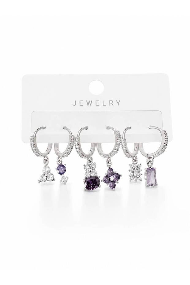 6-Piece Zircon Stone Tarnish-Resistant Steel Premium Lavender-Inspired Elegant Stylish Hoop Earrings
