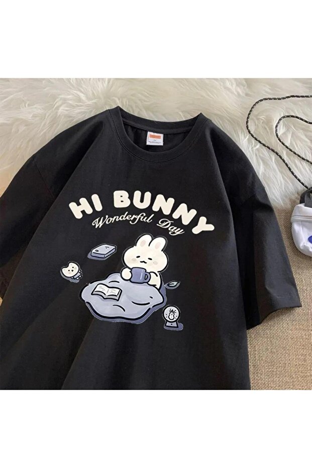 Mi̇ngalondon Hi Bunny Printed Black Unisex Oversize T-Shirt