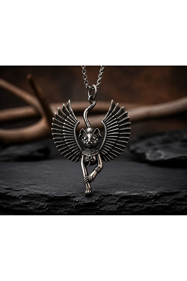 Stainless Steel Ancient Egyptian Mythological Winged Goddess Bastet Sphinx Cat Pendant