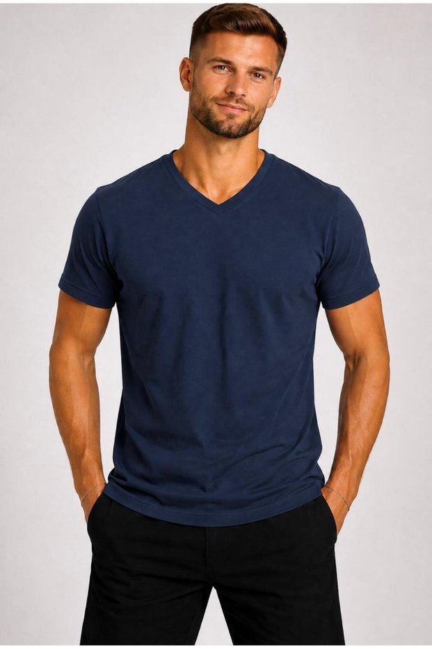 Men's Dark Indigo Cotton V-Neck Short Sleeve T-Shirt-D804