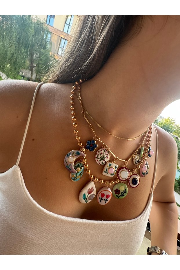 New Season Ceramic Charm Gold Necklace/Multi Charm Necklace with Zra Collection Figure/Mixed Floral Pattern Necklace
