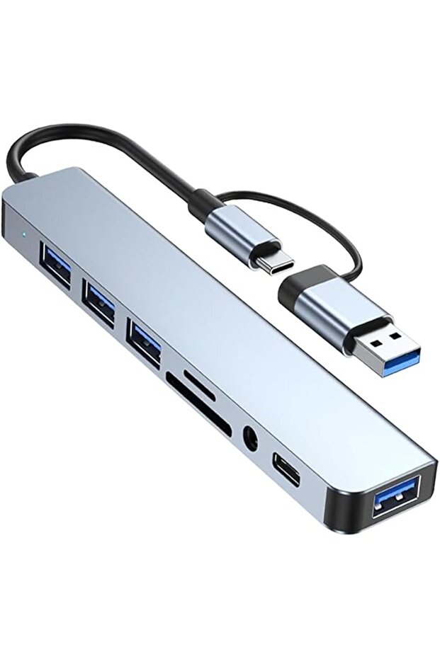 محول USB متعدد الوظائف 8 في 1، USB-C، قارئ بطاقات SD/TF، مدخل صوت 3.5 ملم، USB 3.0، مقبس مزدوج |   نقل البيانات عالي السرعة