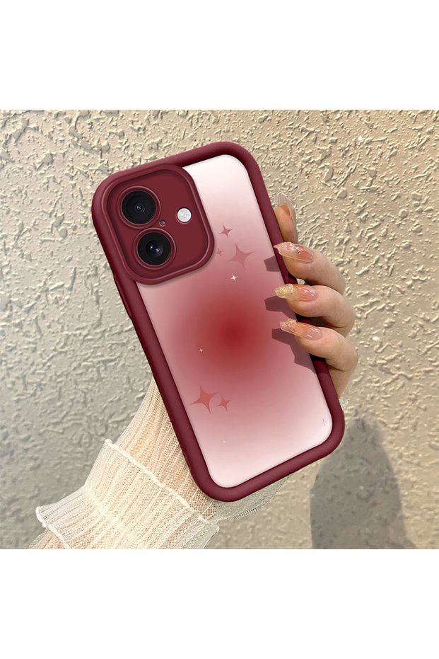 iPhone 16 Compatible Burgundy Fuzzy Gradient Star Pattern Silicone Case, Aesthetic Shock-Resistant