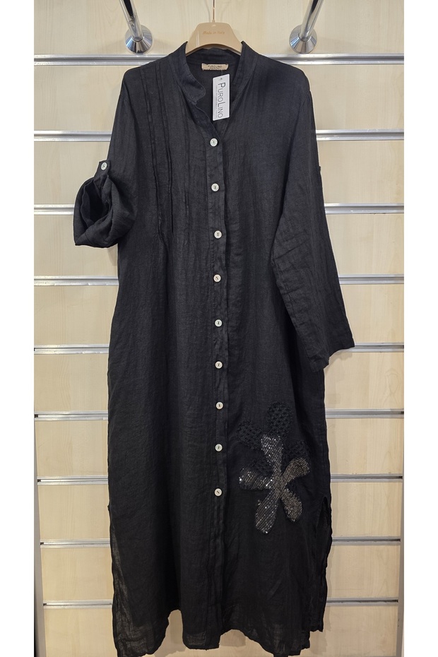 Italian Linen Long Dress with Floral Sequin Embroidery