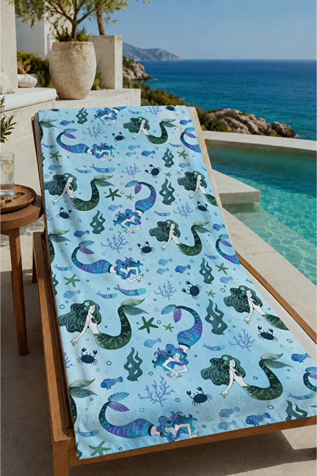 Blue Seahorse and Sea Creatures Patterned 70X150 Beach Towel - Cotton Bath Towel