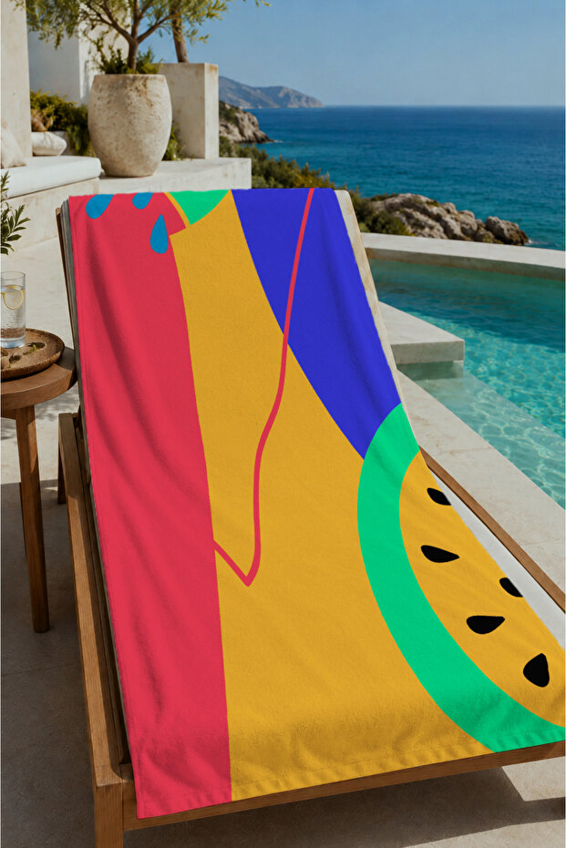 Purple Yellow Red Color Block Abstract Patterned 70X150 Beach Towel - Digital Printed Bath Towel