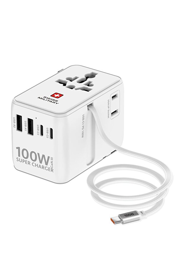 SM Intl Travel Adapter; 100W GAN; Inbuilt Cable; 150 Countries; White