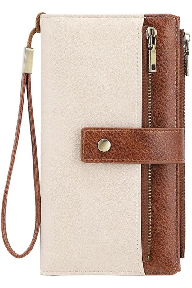 Women's large wallet brown/white RFID vintage PU zipper.