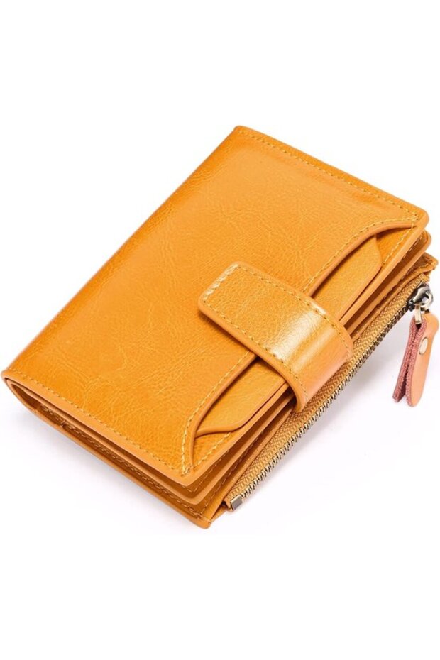 Women's PU zipper wallet burgundy RFID slim card holder.