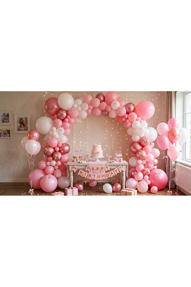 Set of 50 Pink Bow Koncept Balloons, Happy Birthday Banner