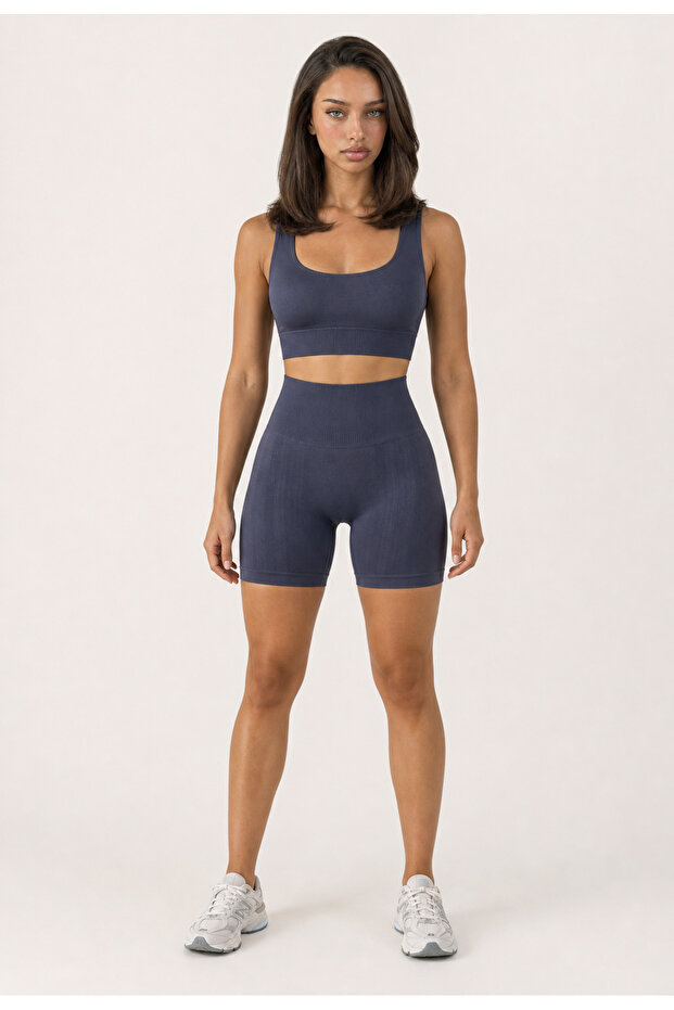 U-Neck Bustier and Push up Shorts Sport Leggings Set - Smoked / 1920-1950