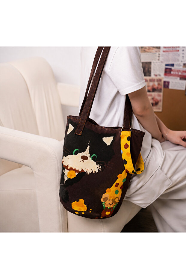Korean Style Cute Bucket Bag with Cat and Mouse Pattern Shoulder Bag and Handbag