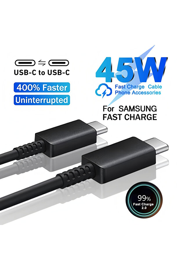 كابل شحن سريع أسود بطول 2 متر، 45 واط، 5 أمبير، منفذ USB-C مزدوج لهواتف S22 S23 FE S24 S25 بلس S26 ألترا A35 A36 A55 A56