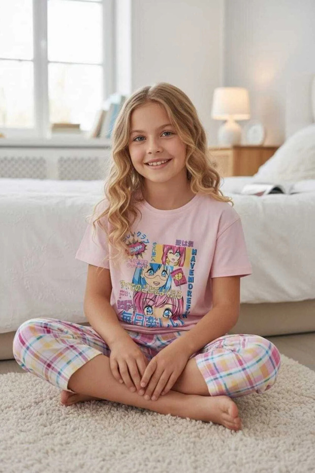 100% Cotton Combed Cotton Printed Girls' Summer Capri Pajama Set for Ages 5/9 Pink Patterned