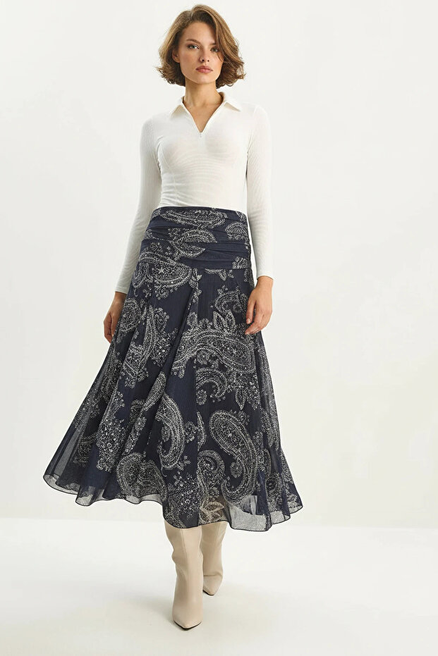 Women's Draped Waist Detailed Lined Patterned Long Skirt De Navy Blue