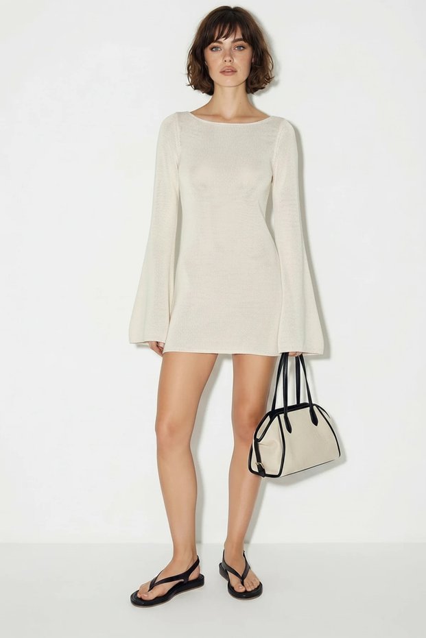 Women's Boat Neck Knitwear Mini Ecru Dress