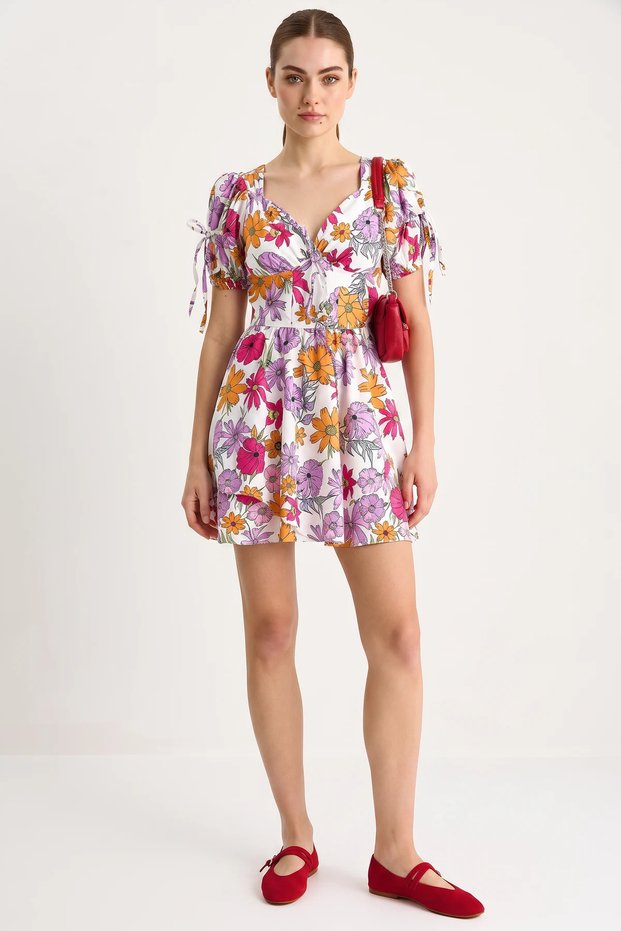 Women's Floral Patterned Mini Fuchsia Dress with Bow Detail
