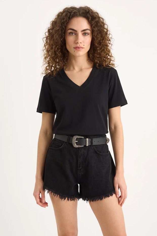 Women's Deep V-Neck Organic Comfort Fit Cotton Black T-Shirt