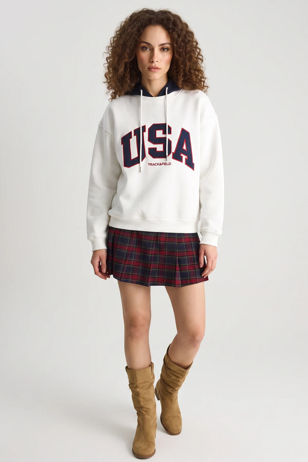 Women's Usa Embroidered Hooded Casual White Sweatshirt