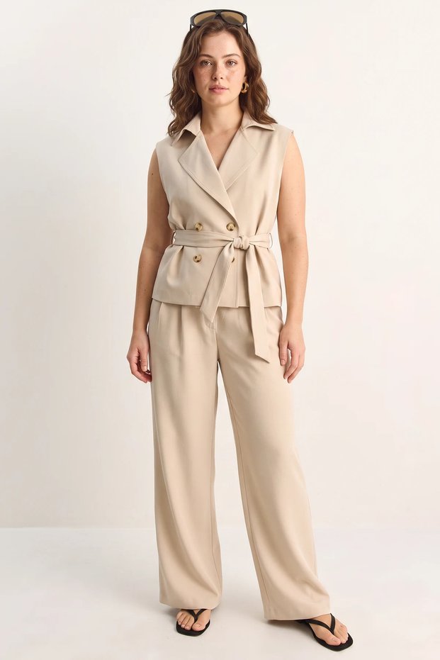 Women's Double-Breasted Collar Belted Classic Vest High-Waist Palazzo Beige Trousers Set