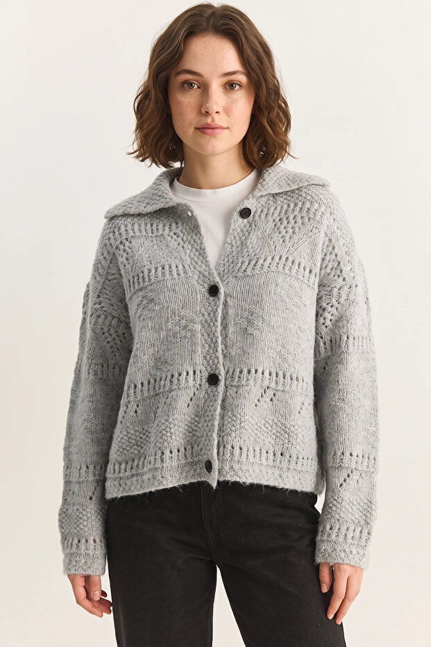 Women's Pointelle Knit Buttoned Shawl Collar Light Gray Cardigan
