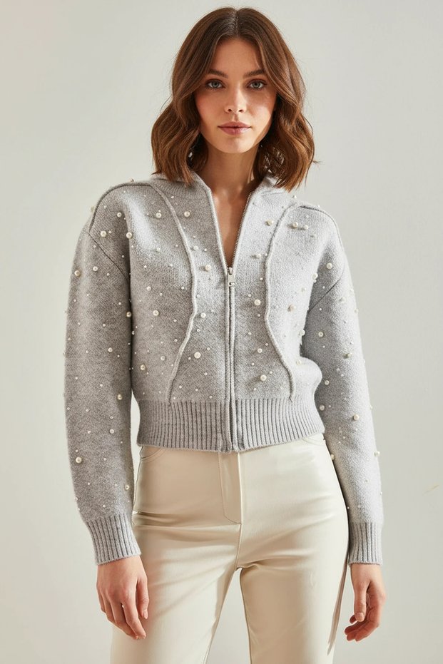 Women's Pearl Stone Embroidered Knitwear Gray Cardigan