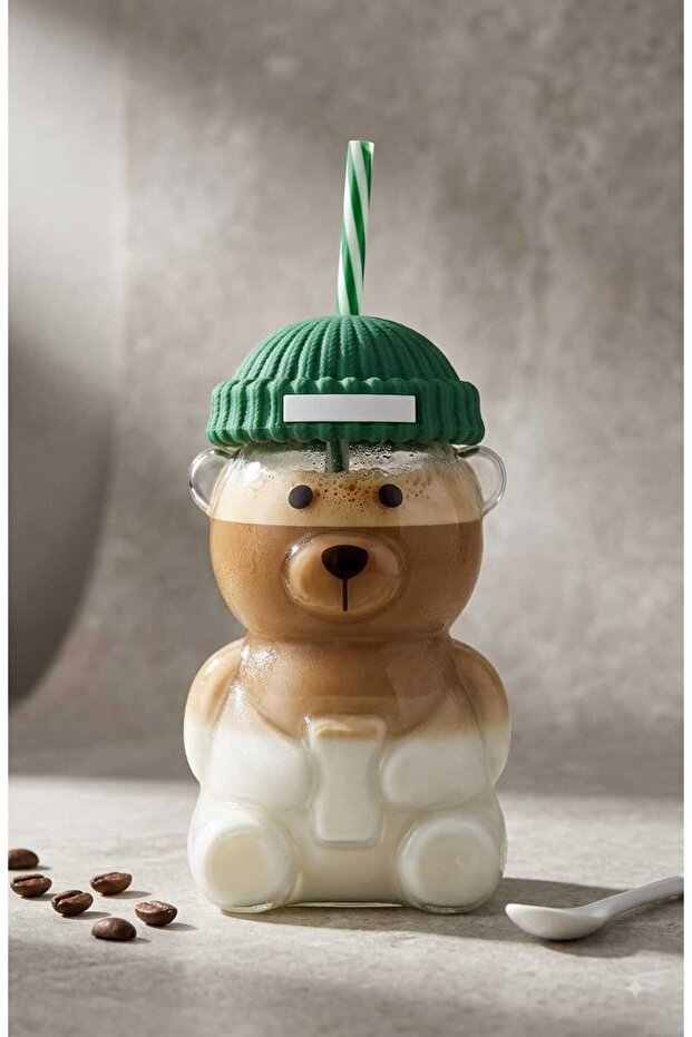 Bereli Bear Figured Glass Presentation Cup with Straw – Coffee & Ice Tea Cup