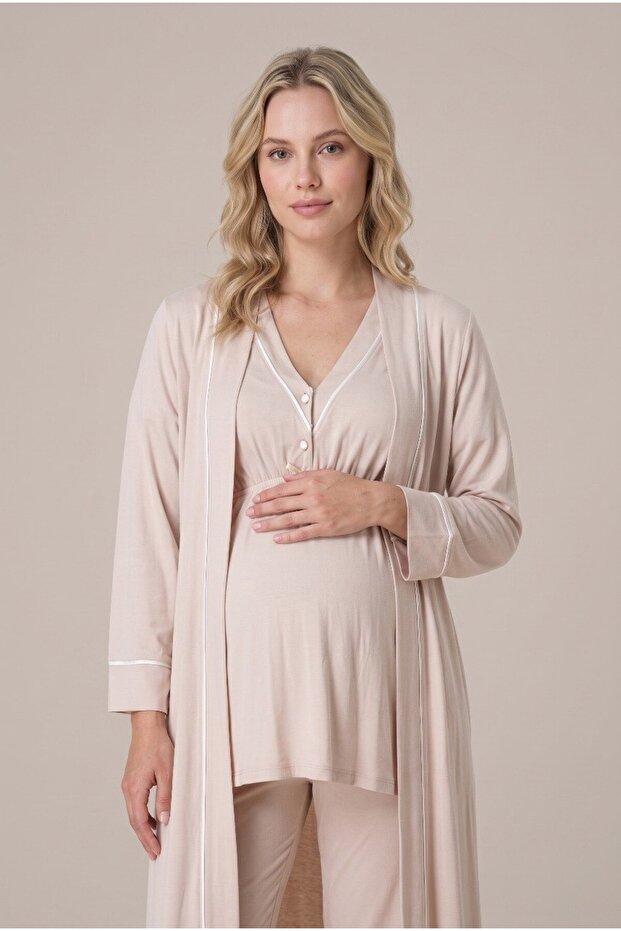 Women's Beige Ribbed Buttoned Maternity Pajama Set