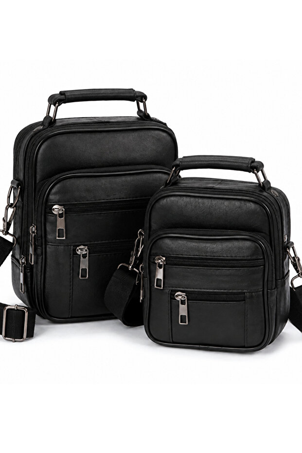 Men's Black Steel Case Genuine Leather Hand and Shoulder Bag with Adjustable Strap (Medium and Small Sizes)