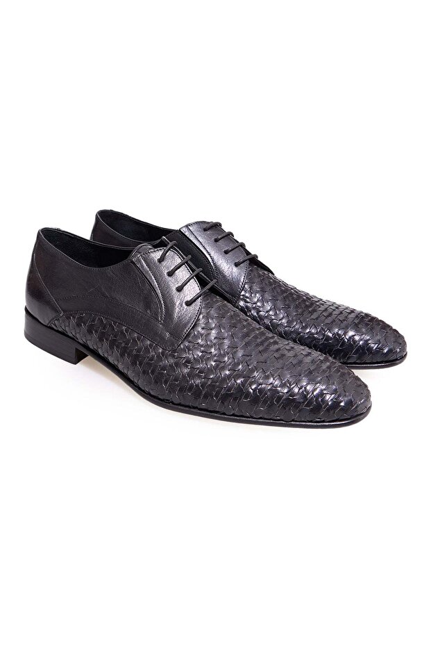 Dark Blue Color Lace-Up Genuine Leather Men's Shoes