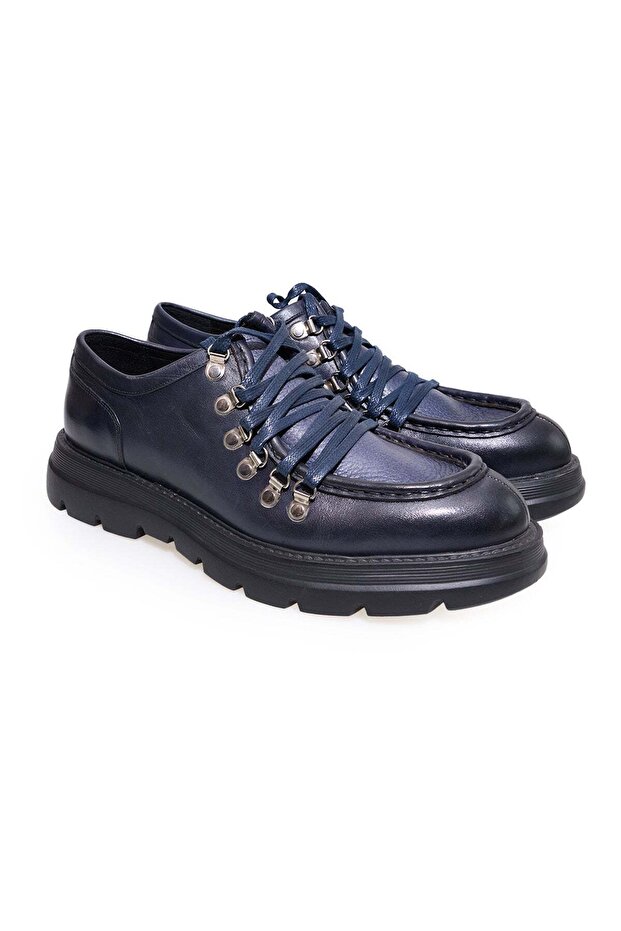 Dark Blue Color Lace-Up Genuine Leather Men's Shoes