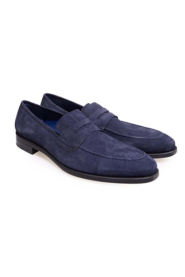 Dark Blue Color Laceless Genuine Leather Men's Shoes