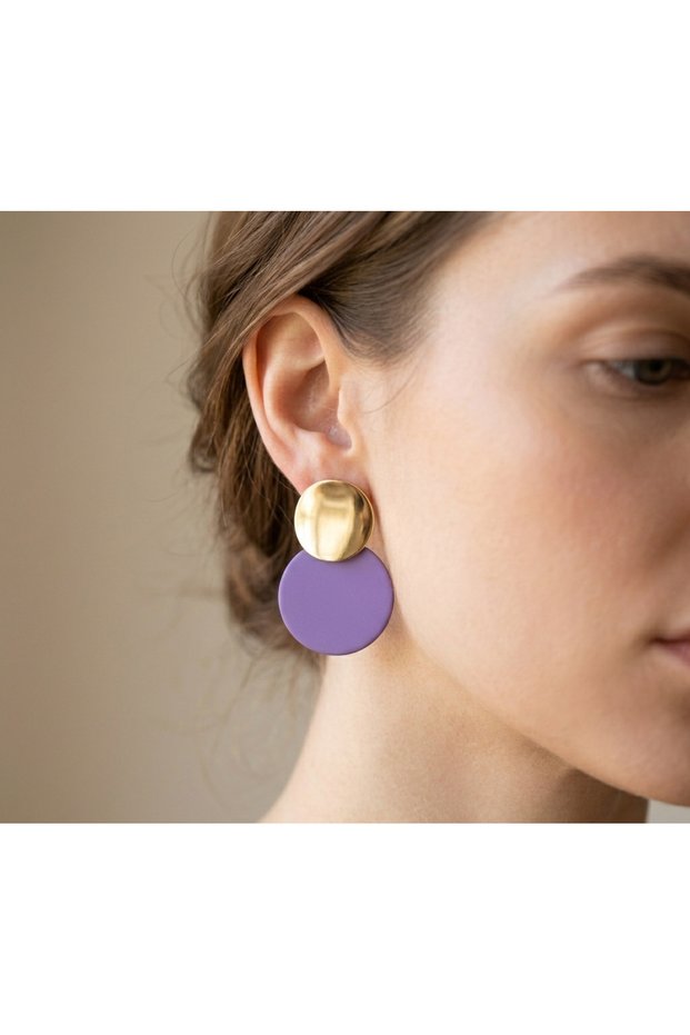 Women's Matte Purple Double Circle Dangle Earrings in Gold Color - Modern Geometric Stylish Design Daily and Special Occasion Jewelry