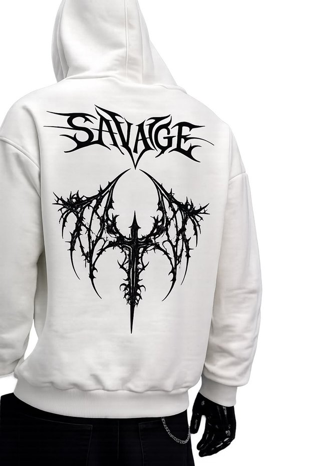 Savage Printed Hooded Oversize Sweatshirt Gothic Tribal Back Pattern Streetwear Hoodie