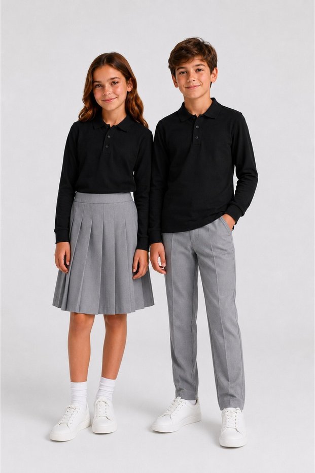Girls & Boys Unisex Black 100% Cotton Polo Collar Long Sleeve 2-Piece T-Shirt