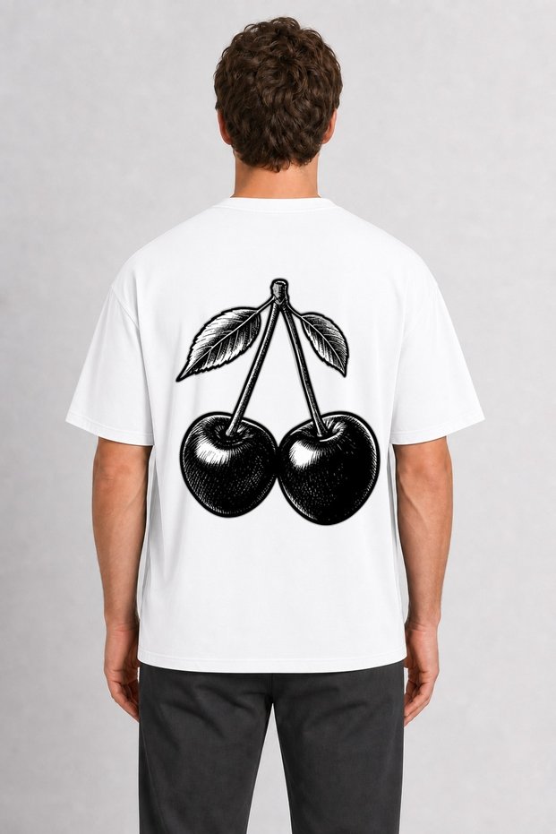 Men's Tattoo Style Cherry Print T-Shirt with Back Print - White