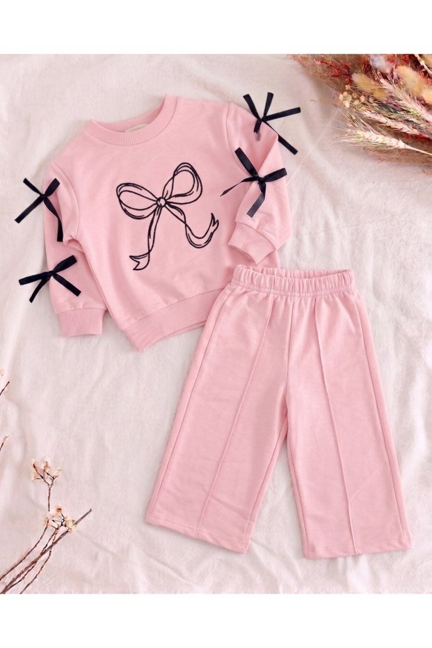 Girl's Bow Detailed 2-3-4-5 Years Old Stylish 2-Piece Set with Wide-Legged Trousers, 100% Cotton Top and Bottom Set