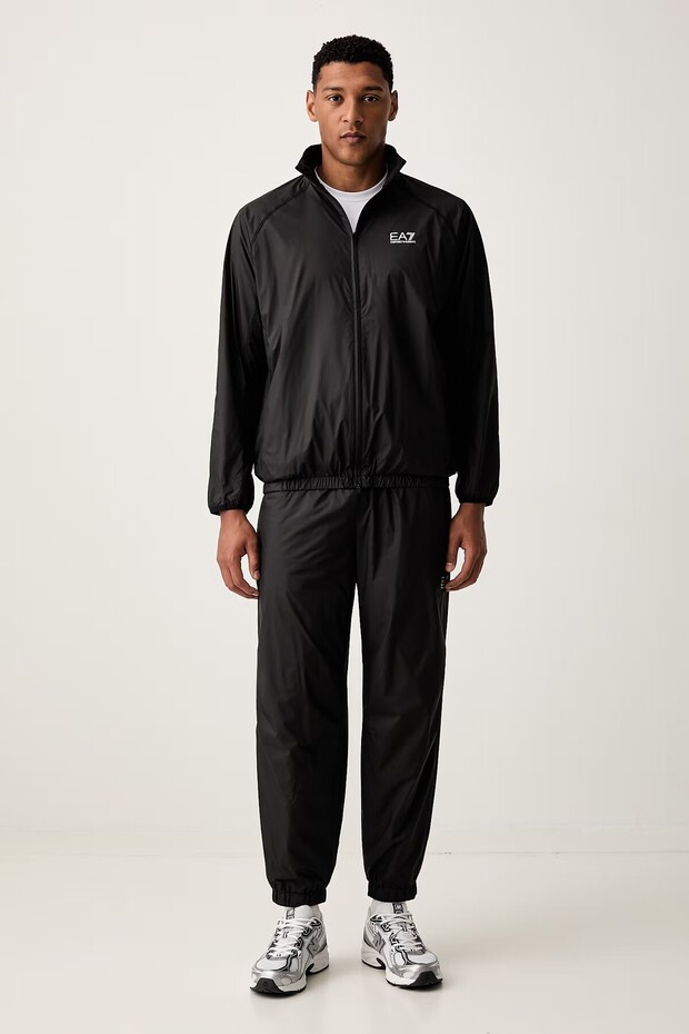 Men's Logo Detailed Stand Collar Regular Fit Elastic Cuffs Black Sports Tracksuit Set