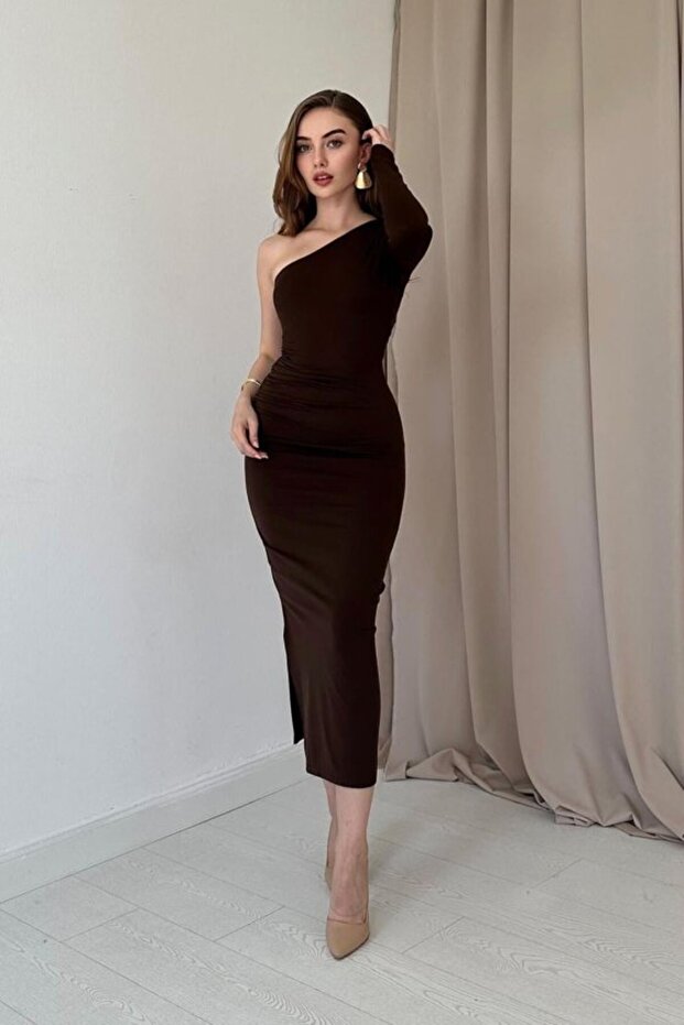 Brown Drawstring Single Sleeve Dress