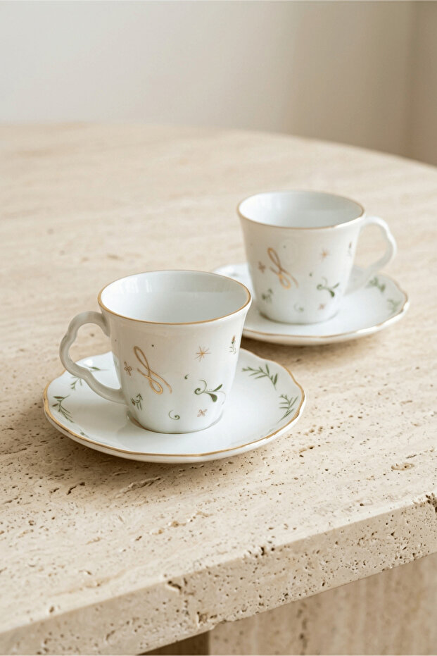 Fiore Premium Porcelain 4 Piece 2 Person Coffee Cup Set 90 ml Gold Gilded Green Floral Pattern