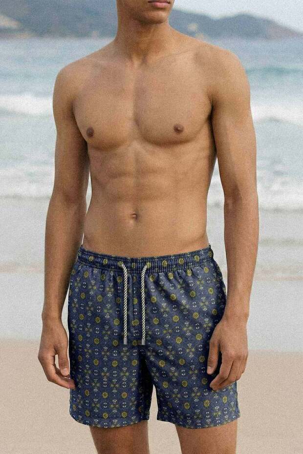 Egyptian Men's Geometric Floral Patterned Swim Shorts Navy Blue