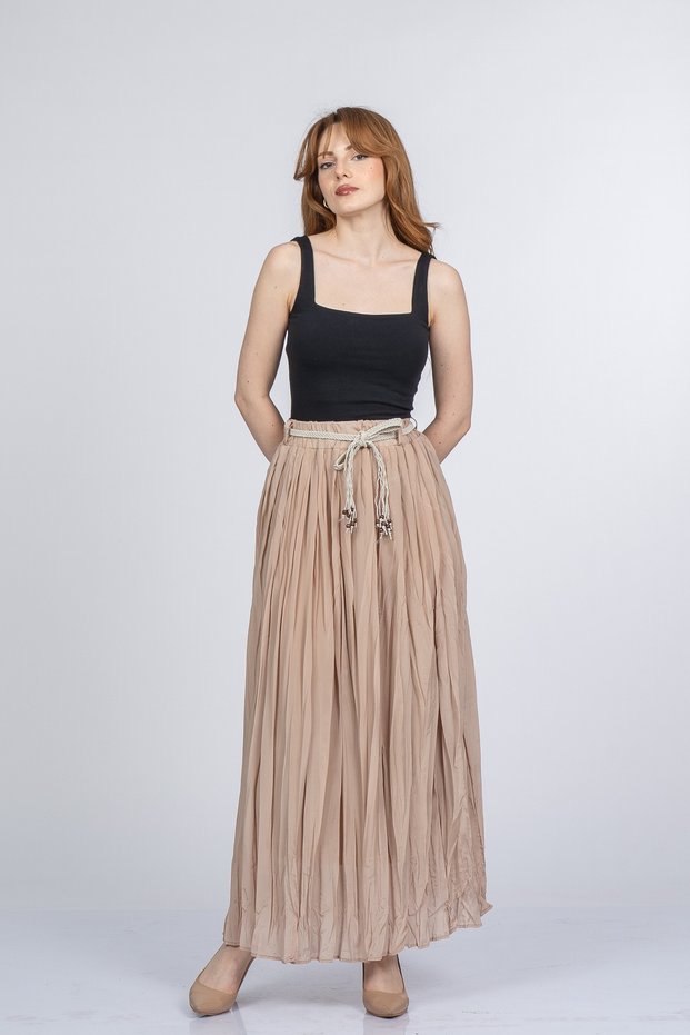 Women's Summer Beige Nerisse Long Pleated Skirt with Elastic Waist Lined Straw Belt Detail Comfortable Summer Wear 6890