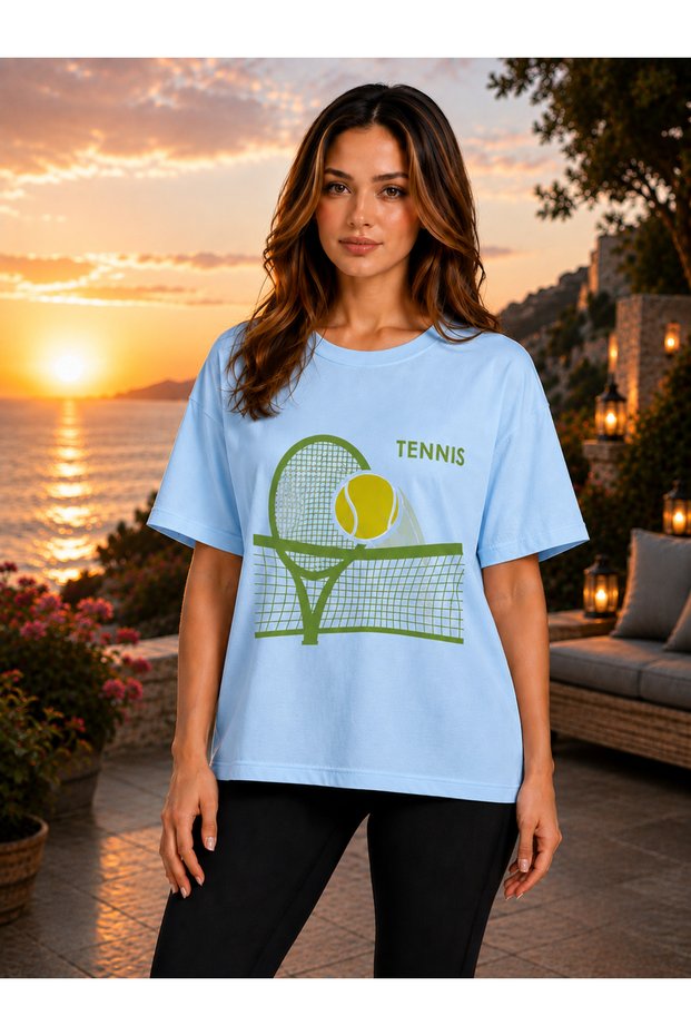 Unisex Oversize Tennis Printed T-Shirt 100% Cotton Tennis Themed Comfortable Fit Short Sleeve T-Shirt