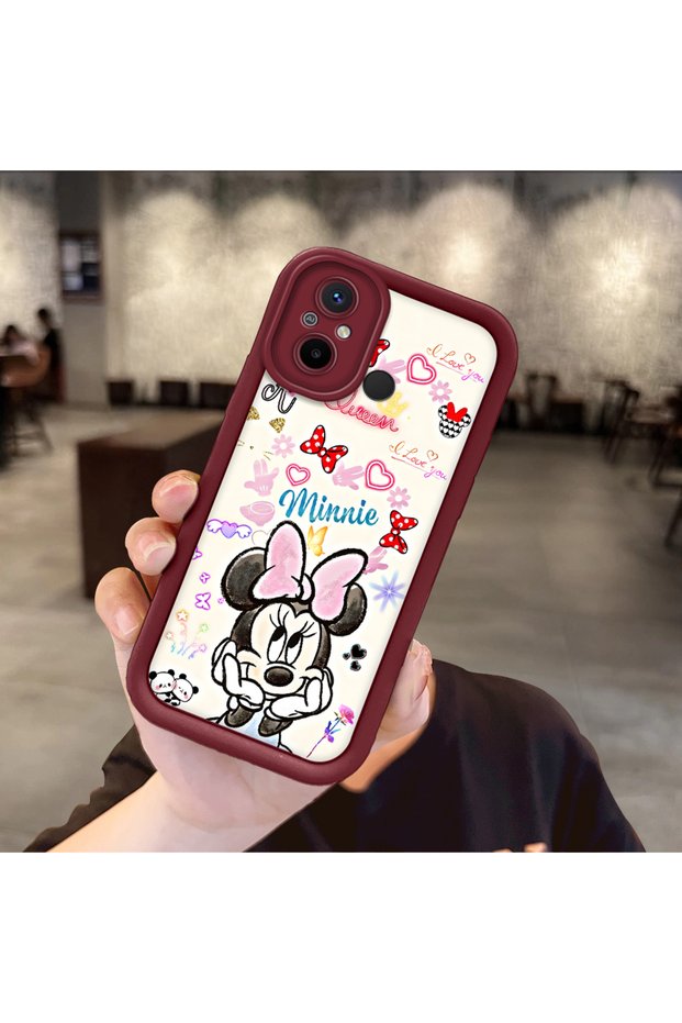 Xiaomi Redmi 12C Compatible Case Camera Protector Minnie Pattern Maroon Lover Couple Silicone Phone Case