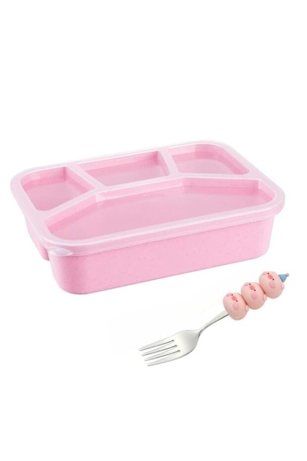 Snack Container, 950ml Wheat Straw Bento Box for Kids and Adults, Reusable 4 Compartments Meal Prep Container Lunchable Container with Fork for School Work Travel (Pink)
