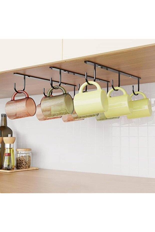 YelaJoy 3 Pack Mug Hooks (Black) - Under Cabinet Coffee Mug Holder with 9 Hooks for Mugs/Cups/Kitchen Utensils