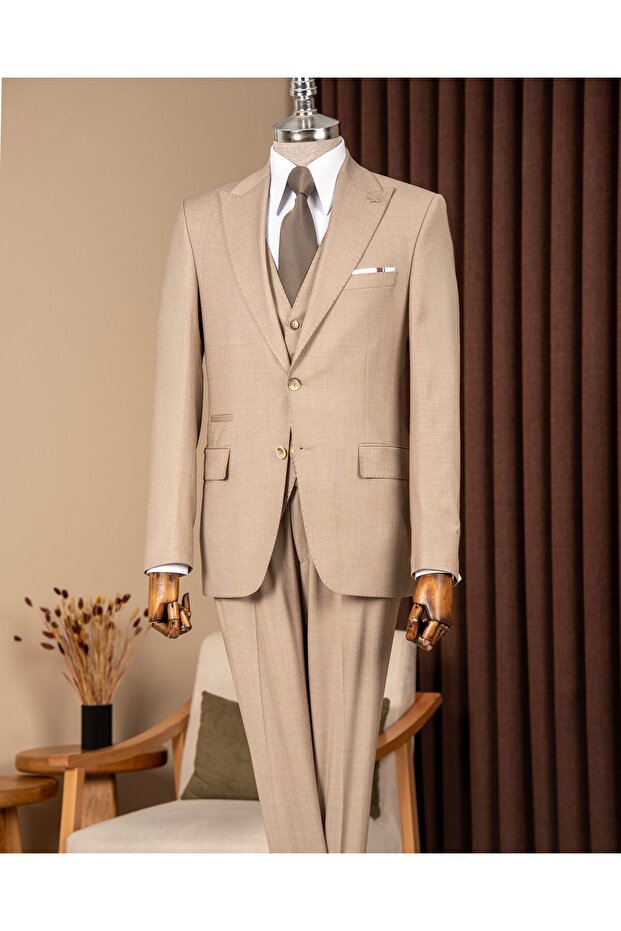 Slim Fit Men's Pointed Collar Double-Sided Jacket Vest Pants Suit Camel T20116-11