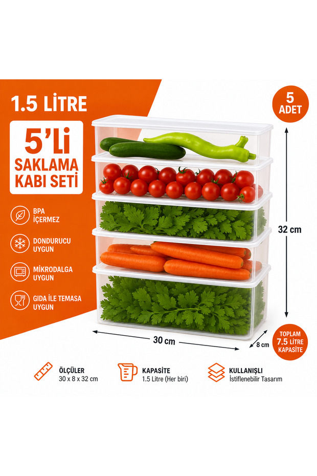 5-Piece Airtight Storage Container Set with White Lid 1.5 Lt