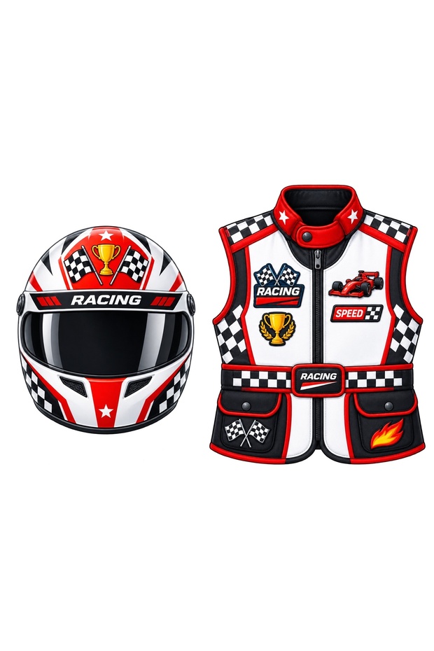 Kids Race Car Driver Costume 2-Piece Cardboard Vest and Hat Set – Car Racing School Show Costume with Drawstring Tie