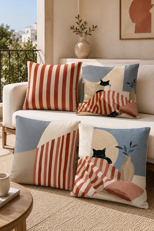 Cat Reading a Book Patterned 4-Piece Throw Pillow Cover Set